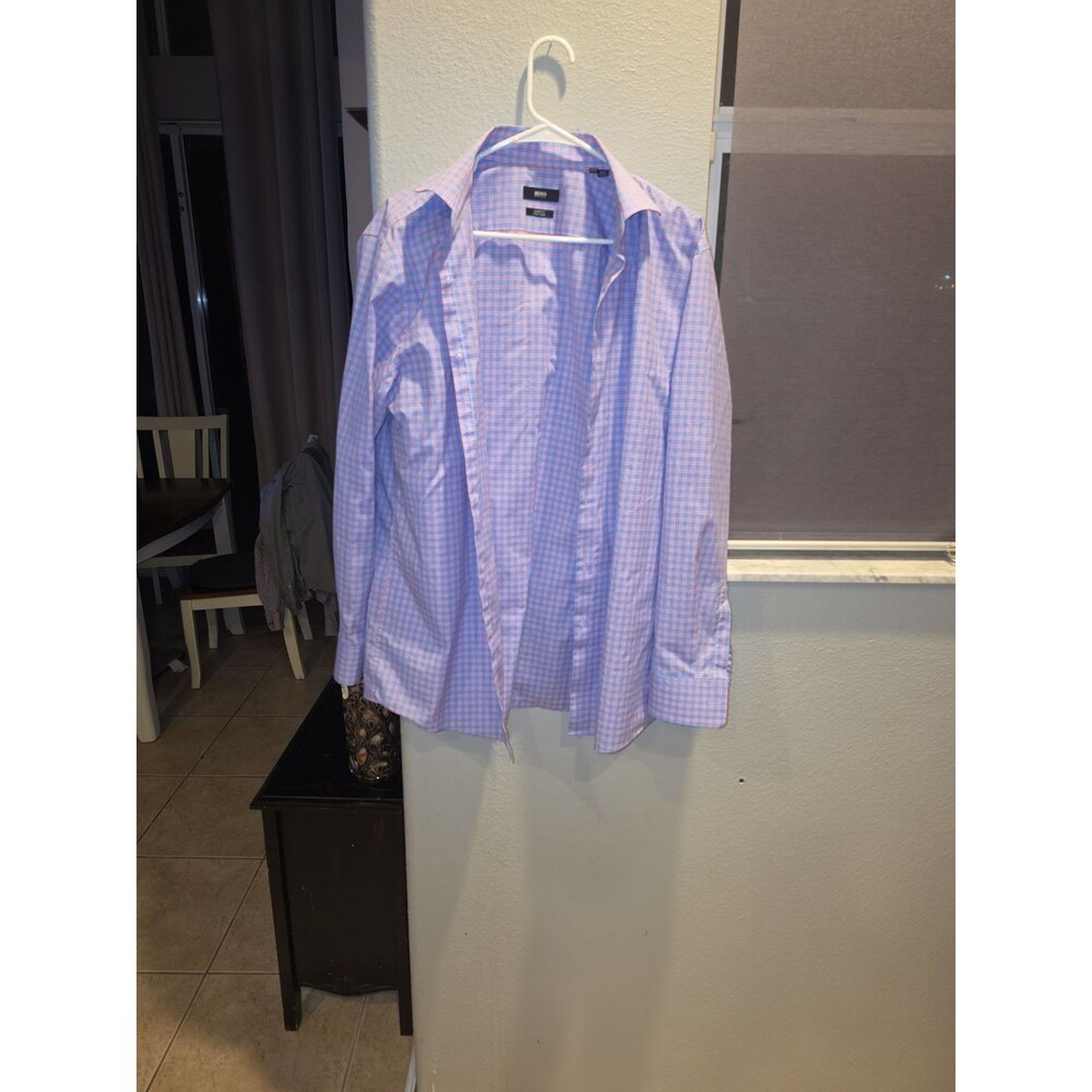 HUGO BOSS Men's Sharp Fit Easy Iron Gingham Dress Shirt - Blue & Pink Check